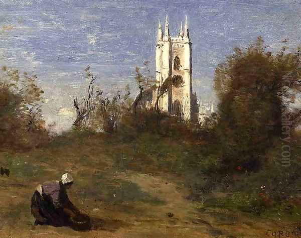 Landscape with a White Tower, Souvenir of Crecy Oil Painting by Jean-Baptiste-Camille Corot