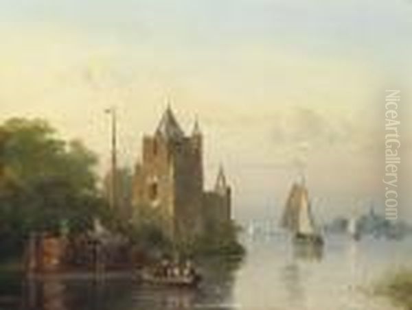 Shipping By A Riverside Castle Oil Painting by Johannes Josephus Destree