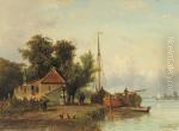 Daily Activities Along A River Oil Painting by Johannes Josephus Destree