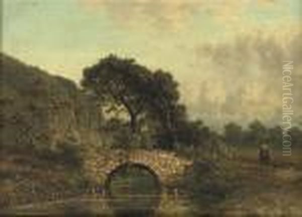 A Hunter And His Dog By A Bridge Oil Painting by Johannes Josephus Destree