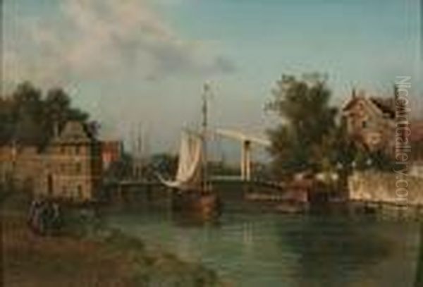 Stadsgezicht Met Rivier En Zeilboot Oil Painting by Johannes Josephus Destree