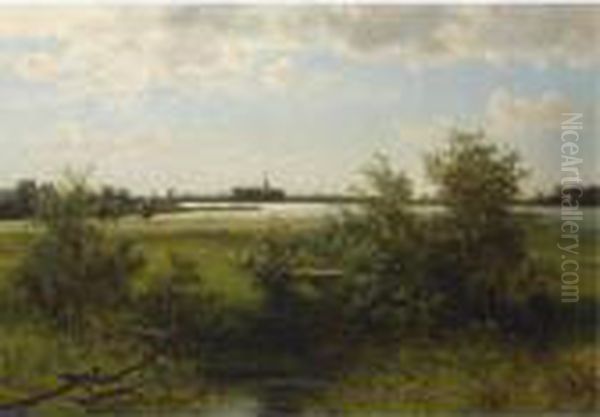 A Hunter In A Summer Landscape, A Town In The Distance Oil Painting by Johannes Josephus Destree