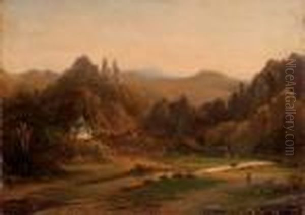 A Riverside Village In A Valley Oil Painting by Johannes Josephus Destree