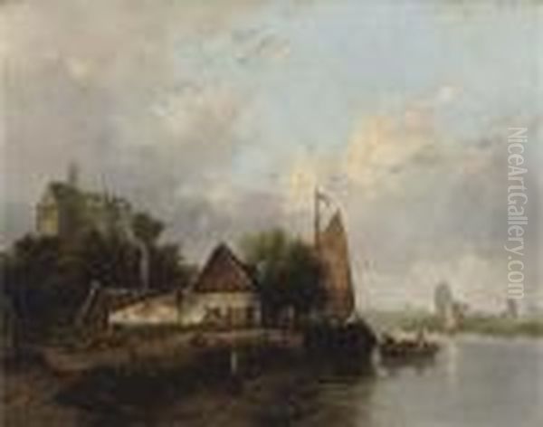 A Ship Moored Near A Dutch Town Oil Painting by Johannes Josephus Destree