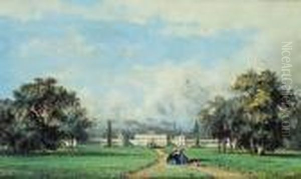 Promeneurs Dans Un Parc Devant Un Chateau. Oil Painting by Johannes Josephus Destree