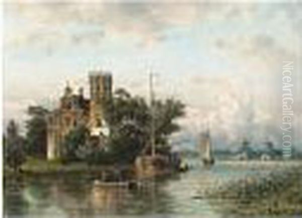 A River Landscape With Sailing Vessels Near A Town Oil Painting by Johannes Josephus Destree