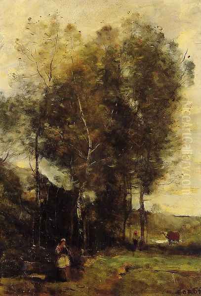 Cowherd in a Dell, Souvenir of Brittany Oil Painting by Jean-Baptiste-Camille Corot