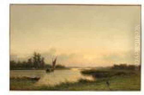 A Summer Landscape With A Sailing Boat On A Meandering River Oil Painting by Johannes Josephus Destree