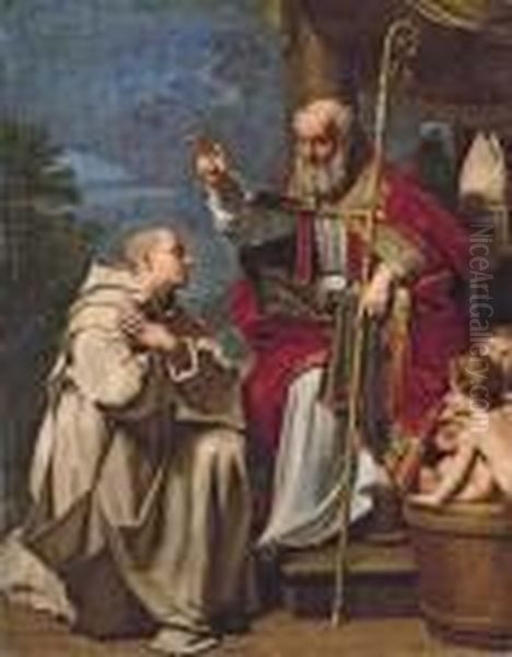 Saint Nicholas With The Three School Children And A Carthusian Monk Oil Painting by Michele Desubleo