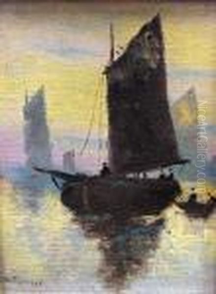 Fishing Boats Oil Painting by Richard Detreville