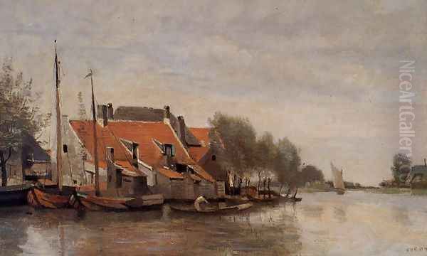 Near Rotterdam, Small Houses on the Banks of a Canal Oil Painting by Jean-Baptiste-Camille Corot