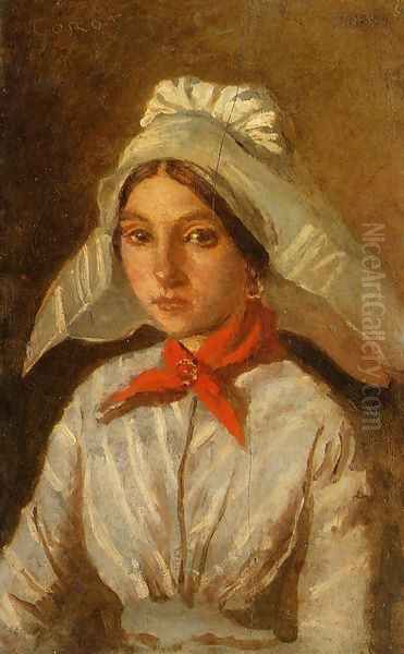 Young Girl with a Large Cap on Her Head Oil Painting by Jean-Baptiste-Camille Corot