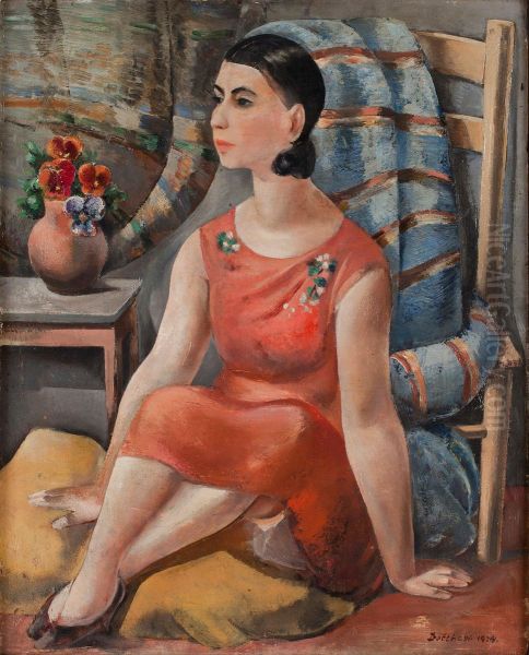 Woman In Red Dress Oil Painting by Eric Detthow