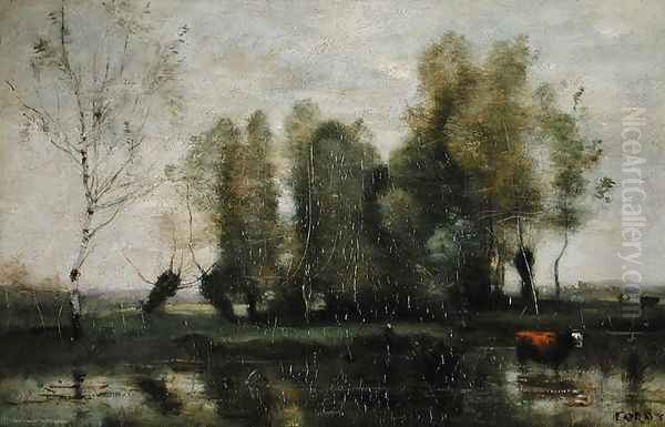 Trees in a Marshy Landscape, c.1855-60 Oil Painting by Jean-Baptiste-Camille Corot