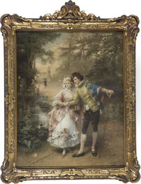 Rococo Style Print Of Acouple Strolling Through The Park. Oil Painting by Cesare-Auguste Detti