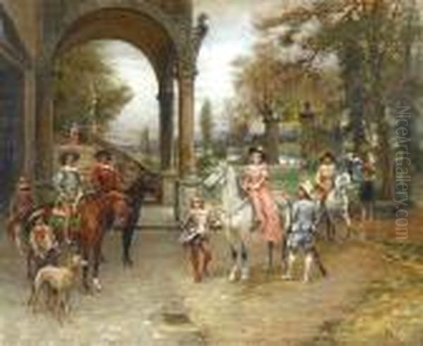 Elegant Figures Being Announced In A Courtyard Oil Painting by Cesare-Auguste Detti