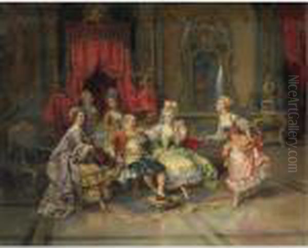 Louis Xv In The Throne Room Oil Painting by Cesare-Auguste Detti