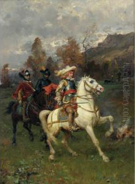 A Cavalier With Mounted Soldiers Oil Painting by Cesare-Auguste Detti