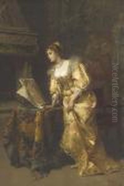 An Elegant Lady Reading Music Oil Painting by Cesare-Auguste Detti