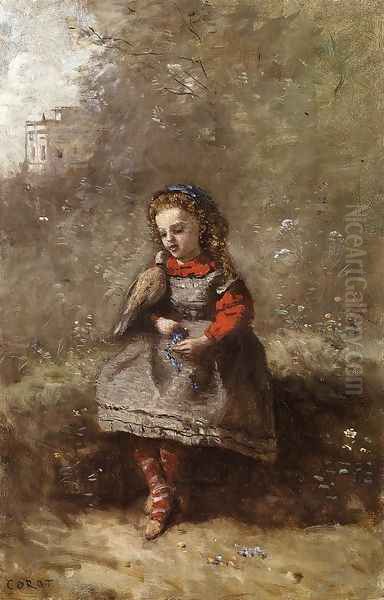 Mlle. Leotine Desavary Holding a Turtledove Oil Painting by Jean-Baptiste-Camille Corot