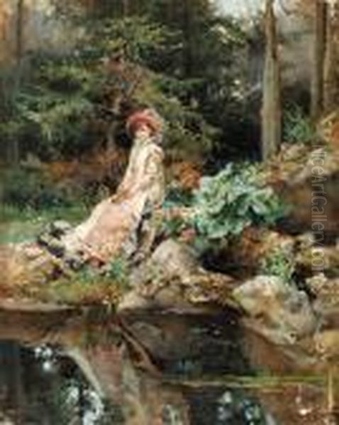 A Summer Day By The Pond Oil Painting by Cesare-Auguste Detti