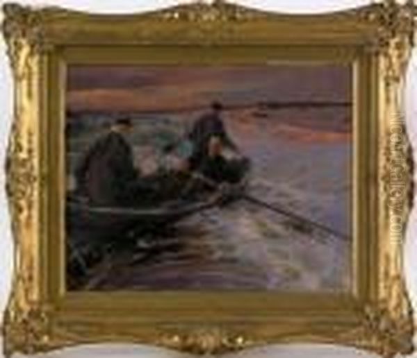 Of 3 Men Landing A Row Boat Oil Painting by Ludwig Dettmann