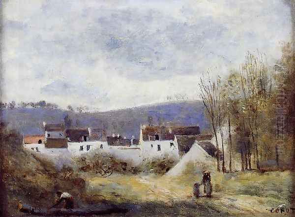 Village at the Foot of a Hill, Ile-de-France Oil Painting by Jean-Baptiste-Camille Corot