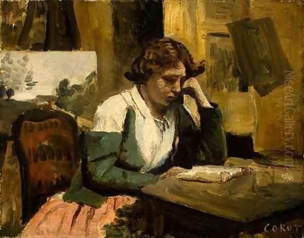 Young Girl Reading Oil Painting by Jean-Baptiste-Camille Corot