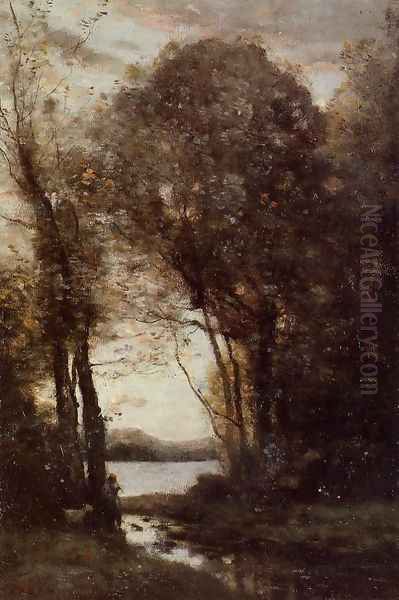 Goatherd Standing, Playing the Flute under the Trees Oil Painting by Jean-Baptiste-Camille Corot