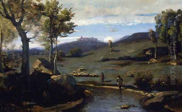 Roman Countryside - Rocky Valley with a Herd of Pigs Oil Painting by Jean-Baptiste-Camille Corot