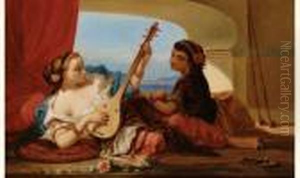 Deux Jeunes Femmes Ottomanes Jouant De La Musique Oil Painting by Louis Devedeux