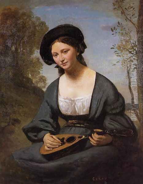 Woman in a Toque with a Mandolin Oil Painting by Jean-Baptiste-Camille Corot