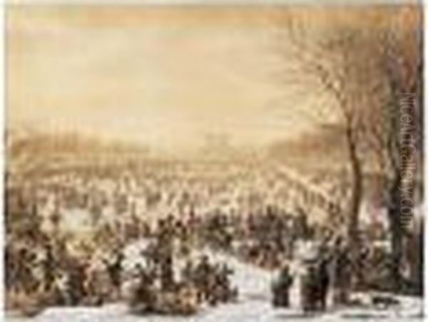 Patineurs Sur Le Bassin De La Villette, Hiver 1821 Oil Painting by Jean-Charles Develly