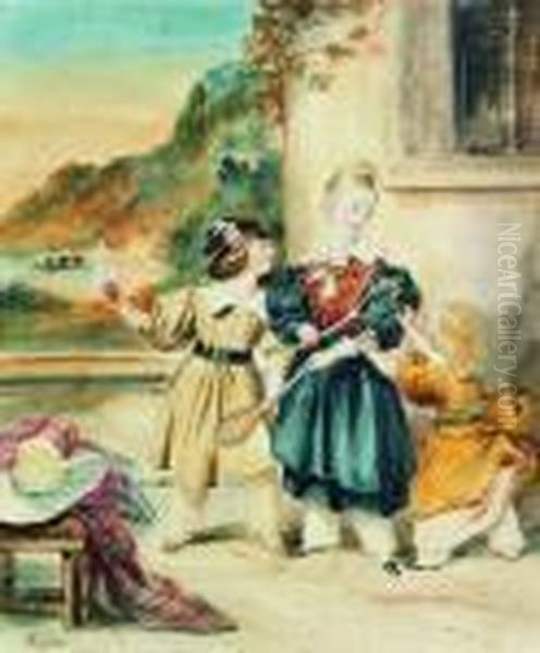 Enfants Jouant Au Badmington Oil Painting by Achille Jacques Jean Marie Deveria