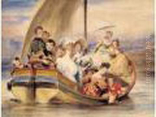 Portrait Presume De La Famille De Victor Hugo Pendant Une Promenade En Barque Oil Painting by Achille Jacques Jean Marie Deveria