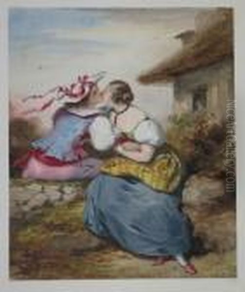 Couple Enlace Pres D'une Chaumiere Oil Painting by Achille Jacques Jean Marie Deveria