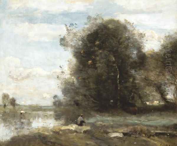 Le pecheur à la ligne. Souvenir des Marais du Nord Oil Painting by Jean-Baptiste-Camille Corot