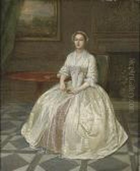 Portrait Of A Lady, Small 
Full-length, In A White Dress With Pinkunderskirt, Seated Beside A 
Mahogany Tripod Table, A Fireplace Witha Stucco Overmantel Beyond Oil Painting by Arthur Devis