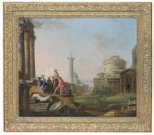 A Roman Capriccio With The 
Castel Sant'angelo And Trajan's Column,and Other Ruins, With Figures Oil Painting by Arthur Devis