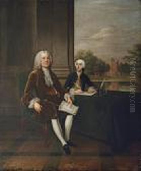 Portrait Of Henry Pelham, Prime 
Minister (1694-1754), Three-quarter-length, In A Brown Coat And White 
Cravat, Seated At His Desk With His Secretary, John Roberts, M.p. 
(1712-1772), Half-length, In A Navy Coat And Gold Waistcoat, Esher Place
 Beyond Oil Painting by Arthur Devis