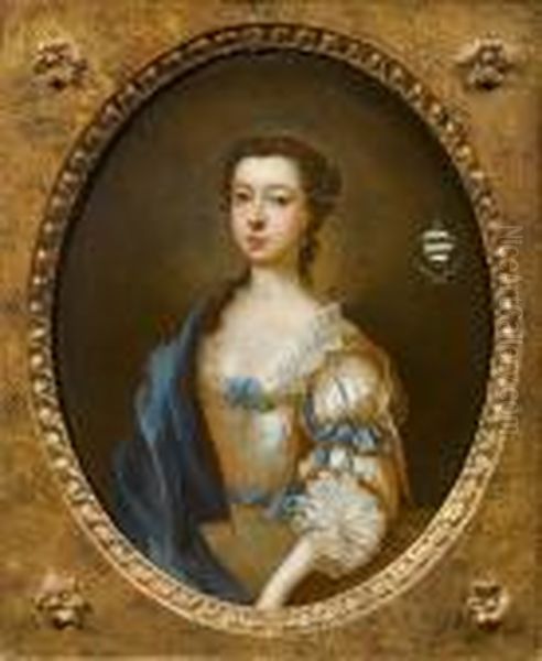 Portrait Of A Lady, Half-length,
 In A Gold Silk Dress With Blue Ribbons And A Blue Wrap; And A Portrait 
Of A Lady Half-length, In A Gold Dress With Lace Trim And Pearls Oil Painting by Arthur Devis