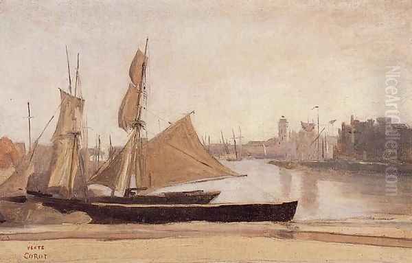 Dunkirk, Fishing Boats Tied to the Wharf Oil Painting by Jean-Baptiste-Camille Corot