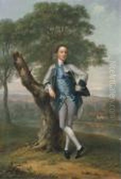 Portrait Of Thomas Bateman Lane 
(b. 1735), Small Full-length, In Agrey Suit With A Blue Waistcoat, 
Holding A Tricorn In His Lefthand, Leaning On A Tree Stump, In A River 
Landscape With The Seabeyond Oil Painting by Arthur Devis