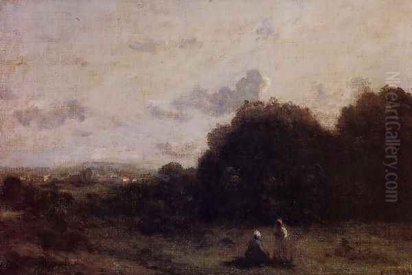 Fields with a Village on the Horizon, Two Figures in the Foreground Oil Painting by Jean-Baptiste-Camille Corot