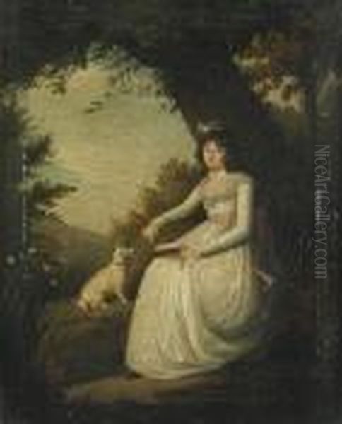 A Portrait Of A Lady In A Landscape With A Dog At Her Side Oil Painting by Arthur William Devis