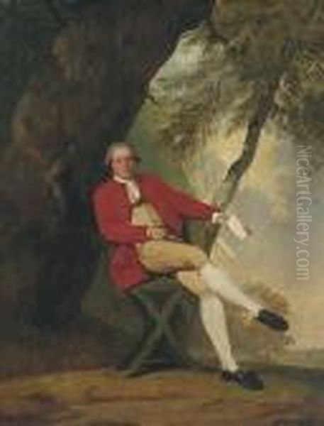 Portrait Of Squire Austin, 
Seated Full-length, In A Red Coat With Ayellow Waistcoat And Breeches, 
Holding A Book In His Left Hand,beneath A Tree In A Landscape Oil Painting by Arthur William Devis