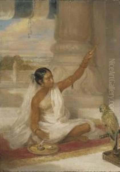 A Hindu Girl Seated Cross-legged Spinning Watched By A Parrot Oil Painting by Arthur William Devis