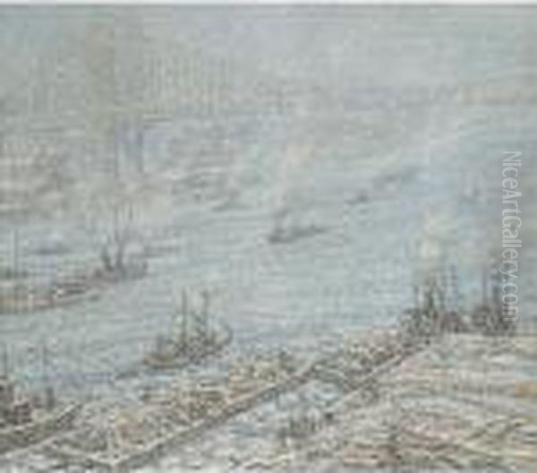 East River, New York, Winter Oil Painting by Frederick Usher Devoll