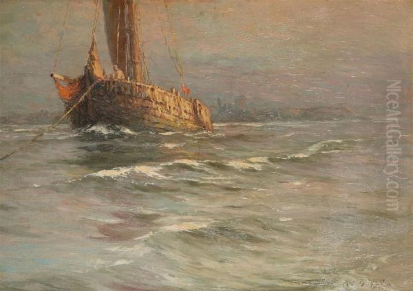 Fishing Boat Near De Coast Oil Painting by Albert Isidore Devos