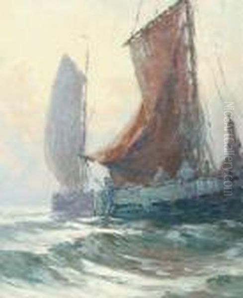 Sloops At Sea Oil Painting by Albert Isidore Devos